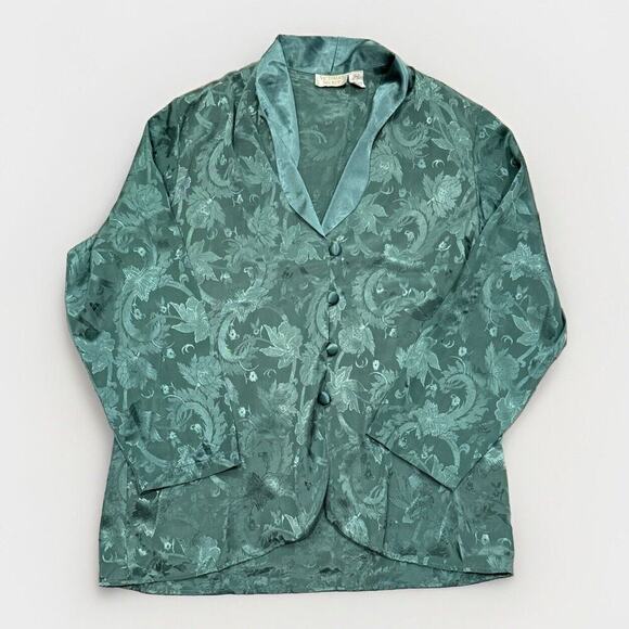 Vintage Victoria Secret‎ Gold Label Medium Satin Floral Dark Teal Sleep Shirt - Picture 1 of 9